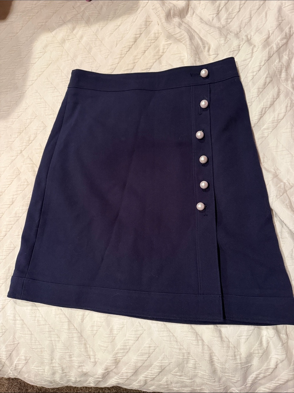 Ann Taylor Navy Midi Skirt with Pearl Buttons